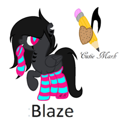 Size: 832x828 | Tagged: safe, artist:space--paws0w0, oc, oc only, oc:dark blaze, pegasus, pony, vampire, bedroom eyes, clothes, colored pupils, female, mare, markings, mouth hold, raised hoof, simple background, socks, solo, striped socks, white background