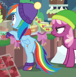 Size: 743x753 | Tagged: safe, screencap, cheerilee, granny smith, rainbow dash, earth pony, pegasus, pony, g4, hearth's warming shorts, my little pony best gift ever, triple pony dare ya, :q, animated, annoyed, apple, behaving like a dog, bipedal, bipedal leaning, boots, butt, cheerilee is not amused, clothes, cropped, cute, daaaaaaaaaaaw, dashabetes, duo, eyeroll, eyes on the prize, female, food, frown, gif, glare, hat, leaning, licking, licking lips, looking at something, mare, plot, scarf, shoes, smiling, standing, stomping, swishy tail, tail wag, tail whip, tongue out, unamused, winter outfit