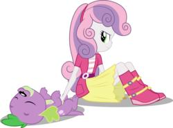 Size: 4593x3393 | Tagged: safe, artist:cloudy glow, artist:red4567, edit, edited edit, editor:slayerbvc, vector edit, spike, spike the regular dog, sweetie belle, dog, equestria girls, g4, bellyrubs, boots, female, inverted mouth, looking back, misleading thumbnail, missing accessory, on back, out of context, shoes, simple background, sitting, smiling, spike's dog collar, transparent background, vector