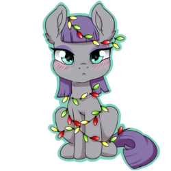 Size: 688x688 | Tagged: safe, artist:tokokami, maud pie, earth pony, pony, g4, blushing, christmas, christmas lights, cute, ear fluff, female, holiday, looking at you, mare, solo