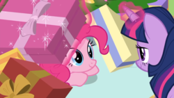 Size: 1920x1080 | Tagged: safe, screencap, pinkie pie, twilight sparkle, alicorn, earth pony, pony, g4, hearth's warming shorts, my little pony best gift ever, the great escape room, cute, diapinkes, female, glowing horn, horn, levitation, magic, mare, present, smiling, telekinesis, twilight sparkle (alicorn)
