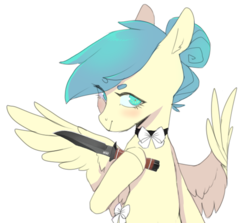 Size: 566x506 | Tagged: safe, artist:amphoera, oc, oc:venti via, pony, bowtie, explicit source, knife