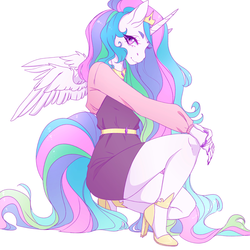 Size: 4000x4000 | Tagged: safe, artist:fernybee, princess celestia, alicorn, anthro, plantigrade anthro, g4, absurd resolution, clothes, crown, dress, female, high heels, looking at you, mare, nail polish, peytral, regalia, shoes, simple background, solo, white background