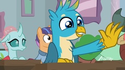 Size: 1920x1080 | Tagged: safe, screencap, fine catch, gallus, ocellus, yona, changedling, changeling, griffon, pony, yak, a rockhoof and a hard place, g4, background pony, claws, cute, female, friendship student, gallabetes, male, solo focus, stallion