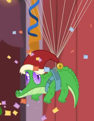 Size: 490x630 | Tagged: safe, screencap, gummy, alligator, g4, hearth's warming shorts, my little pony best gift ever, the great escape room, christmas, confetti, cropped, hat, holiday, male, parachute, santa hat