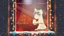 Size: 5000x2811 | Tagged: safe, artist:rish--loo, artist:rish_loo, oc, oc only, oc:eternal light, pegasus, pony, christmas, christmas decoration, christmas lights, christmas tree, digital art, duo, folded wings, glasses, high res, holiday, male, moon, ponytail, present, signature, sitting, snow, snowfall, stallion, tree, window, wings, winter, ych result