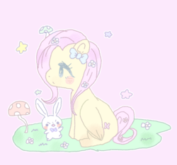 Size: 850x794 | Tagged: safe, artist:cuchuffli, angel bunny, fluttershy, pegasus, pony, g4, blush sticker, blushing, duo, female, flower, flower in hair, flower in tail, mare, mushroom, pastel, pink background, profile, simple background, sitting