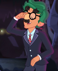 Size: 592x720 | Tagged: safe, screencap, timber spruce, equestria girls, g4, legend of everfree - bloopers, my little pony equestria girls: legend of everfree, clothes, cropped, glasses, groucho marx psyche out, groucho mask, male, solo, suit