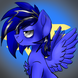 Size: 1024x1024 | Tagged: safe, artist:brainiac, oc, oc only, oc:moonshine, pony, bust, chest fluff, christmas gift, profile, smiling, solo, spread wings, vault-tec logo, wings