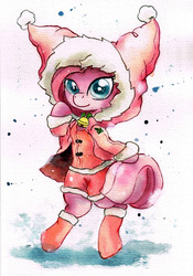 Size: 2409x3437 | Tagged: safe, artist:mashiromiku, pinkie pie, earth pony, pony, g4, bell, bipedal, clothes, cute, cuteamena, female, hat, hearth's warming, high res, jester hat, merry christmas, pinkamena diane pie, solo, traditional art, watercolor painting, winter outfit
