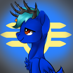 Size: 1024x1024 | Tagged: safe, artist:brainiac, oc, oc only, pony, bust, chest fluff, christmas gift, profile, solo, vault-tec logo
