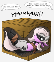 Size: 1300x1500 | Tagged: safe, artist:nivek15, oc, oc:violet, pony, angry, arm behind back, bondage, bound and gagged, box tied, cape, cloth gag, clothes, crate, damsel in distress, dialogue, gag, hero, heroine, latex, leotard, muffled moaning, offscreen character, rope, rope bondage, simple background, tied up
