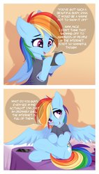 Size: 1201x2120 | Tagged: safe, artist:omi, rainbow dash, pegasus, pony, g4, bashful, bronybait, clothes, cute, dashabetes, female, mare, out of character, shirt, smiling, solo, speech bubble, spread wings, wings