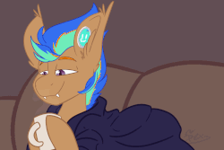 Size: 2000x1333 | Tagged: safe, artist:omegapex, oc, oc only, oc:kuiper rime, bat pony, pony, animated, blanket, cozy, ear fluff, fangs, gif, happy, hot drink, male, mug, relaxed, solo, steam