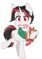 Size: 659x930 | Tagged: safe, artist:higglytownhero, oc, oc only, oc:ace high, pony, unicorn, candy, candy cane, digital art, female, food, male, present, red eyes, signature, simple background, solo, stallion, transparent background, ych result