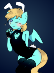 Size: 800x1080 | Tagged: source needed, useless source url, safe, artist:mimicry, oc, oc:balmy breeze, pegasus, pony, adorasexy, blue eyes, blue fur, blushing, bunny suit, clothes, costume, crossdressing, cute, femboy, male, sexy, socks, thigh highs, yellow hair