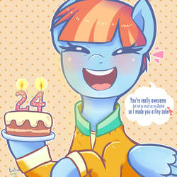 Size: 1000x1000 | Tagged: safe, artist:talimingi, windy whistles, pegasus, pony, g4, abstract background, birthday cake, birthday candles, blushing, cake, candle, commission, cute, eyes closed, female, food, happy birthday, solo, speech bubble, talking to viewer, windybetes