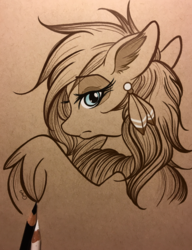 Size: 2932x3811 | Tagged: safe, artist:emberslament, oc, oc only, unnamed oc, hybrid, pony, chest fluff, colored pencil drawing, colored pencils, ear fluff, female, high res, looking at you, looking back, looking back at you, mare, photo, simple background, sketch, solo, traditional art