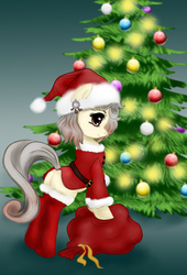 Size: 1200x1768 | Tagged: safe, artist:jerraldina, oc, oc only, oc:osha, earth pony, pony, bipedal, bipedal leaning, butt, christmas, christmas tree, clothes, costume, digital art, ear piercing, female, gradient background, green background, hat, holiday, leaning, looking at you, looking back, mare, piercing, plot, present, sack, santa costume, santa hat, signature, simple background, smiling, socks, solo, thigh highs, tree, ych result