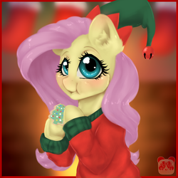 Size: 1000x1000 | Tagged: safe, artist:fanaticpanda, fluttershy, g4, blushing, christmas, cookie, cute, ear fluff, eating, female, food, hat, holiday, looking at you, santa hat, shyabetes