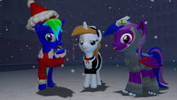 Size: 1280x720 | Tagged: safe, artist:sevenxninja, oc, oc only, oc:lavender twirl, oc:love biscuit, oc:lydia dieselsteam, alicorn, bat pony, pony, unicorn, 3d, animal costume, bat pony oc, christmas, clothes, costume, gmod, hat, holiday, maid, santa hat, snow, snowfall, tongue out, winter, wolf costume