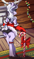 Size: 500x851 | Tagged: safe, artist:breloomsgarden, oc, oc only, oc:fretty, earth pony, anthro, anthro oc, ass, booty shorts, butt, candy, candy cane, christmas, christmas lights, digital art, female, fireplace, food, holiday, log cabin, mare, solo, standing, watermark