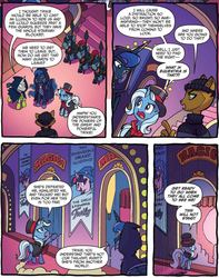 Size: 1046x1327 | Tagged: safe, artist:tonyfleecs, idw, official comic, capper dapperpaws, princess luna, stygian, trixie, twilight sparkle, abyssinian, alicorn, pony, unicorn, g4, my little pony: the movie, nightmare knights, spoiler:comic, spoiler:comicnightmareknights03, cape, clothes, comic, female, hat, male, mare, speech bubble, starry night terror, the alley cat, the dark horse, the great and powerful roxy, the great and powerful twily, top hat