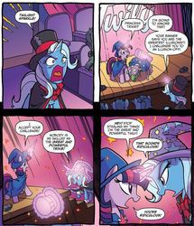 Size: 1161x1349 | Tagged: safe, artist:tonyfleecs, idw, official comic, spike, trixie, twilight sparkle, dragon, pony, unicorn, g4, nightmare knights, spoiler:comic, spoiler:comicnightmareknights03, box, box sawing trick, cape, clothes, comic, female, great and powerful, hat, magic, magic aura, magic trick, male, mare, speech bubble, telekinesis, the great and powerful roxy, the great and powerful twily, top hat, unicorn twilight, wizard hat