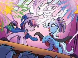Size: 1117x842 | Tagged: safe, artist:tony fleecs, idw, trixie, twilight sparkle, pony, unicorn, g4, nightmare knights, spoiler:comic, spoiler:comicnightmareknights03, cape, clothes, duo, female, hat, mare, rearing, stage, the great and powerful roxy, the great and powerful twily, top hat, trixie's hat, unicorn twilight, wizard hat