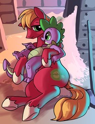 Size: 1280x1668 | Tagged: safe, artist:gsphere, big macintosh, spike, dragon, earth pony, pony, g4, colored hooves, dock, duo, hay, male, missing accessory, stallion, unshorn fetlocks