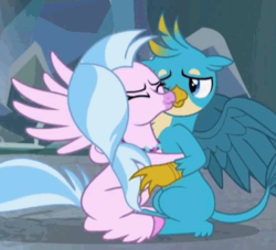 Size: 554x504 | Tagged: safe, screencap, gallus, silverstream, classical hippogriff, griffon, hippogriff, g4, what lies beneath, birb, cropped, cute, diastreamies, duo, duo male and female, eyes closed, female, gallabetes, hug, male, now kiss, one eye closed, shipping fuel, silverstream hugs gallus