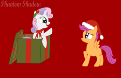 Size: 2710x1752 | Tagged: safe, artist:phantomshadow051, scootaloo, sweetie belle, pegasus, pony, unicorn, g4, box, christmas, female, holiday, holly, lesbian, present, ship:scootabelle, shipping
