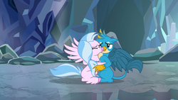 Size: 1920x1080 | Tagged: safe, screencap, gallus, silverstream, classical hippogriff, griffon, hippogriff, pony, g4, what lies beneath, birb, cute, diastreamies, duo, eyes closed, female, gallabetes, hug, male, nightmare cave, one eye closed, shipping fuel, silverstream hugs gallus