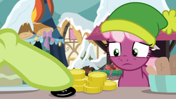 Size: 1920x1080 | Tagged: safe, screencap, cheerilee, granny smith, g4, hearth's warming shorts, my little pony best gift ever, triple pony dare ya, bits, bread, button, coin, food, hat