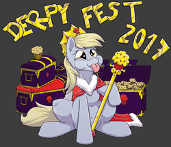 Size: 1024x879 | Tagged: safe, artist:reptilianbirds, derpy hooves, pegasus, pony, g4, crown, derpfest, female, food, gray background, jewelry, mare, muffin, nose wrinkle, obtrusive watermark, regalia, scepter, simple background, sitting, solo, tongue out, watermark
