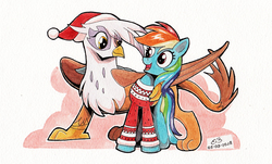 Size: 2686x1624 | Tagged: safe, artist:reptilianbirds, gilda, rainbow dash, griffon, pegasus, pony, g4, christmas, clothes, duo, female, hat, holiday, mare, open mouth, santa hat, smiling, sweater, traditional art, watercolor painting