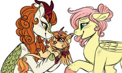 Size: 1024x609 | Tagged: safe, artist:crystalcorgi, autumn blaze, fluttershy, oc, hybrid, kirin, pegasus, pony, winged kirin, g4, sounds of silence, autumnshy, baby kirin, colored sketch, family, female, foal, kirin pony hybrid, lesbian, magical lesbian spawn, mare, mother and daughter, next generation, offspring, parent:autumn blaze, parent:fluttershy, parents:autumnshy, shipping, simple background, sketch, trio, white background
