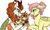 Size: 1024x609 | Tagged: safe, artist:crystalcorgi, autumn blaze, fluttershy, oc, hybrid, kirin, pegasus, pony, winged kirin, g4, sounds of silence, autumnshy, baby kirin, colored sketch, family, female, foal, kirin pony hybrid, lesbian, magical lesbian spawn, mare, mother and daughter, next generation, offspring, parent:autumn blaze, parent:fluttershy, parents:autumnshy, shipping, simple background, sketch, trio, white background