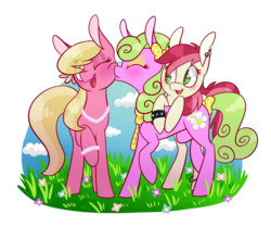 Size: 2300x1921 | Tagged: safe, artist:cartoonboyfriends, daisy, flower wishes, lily, lily valley, roseluck, earth pony, pony, g4, clothes, female, flower trio, kissing, lesbian, mare, ot3, polyamory, polyflowers, scarf, shipping, trio, trio female