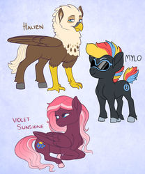 Size: 1024x1228 | Tagged: safe, artist:loryska, oc, oc:helien, oc:mylo, oc:violet sunshine, classical hippogriff, earth pony, hippogriff, hybrid, pegasus, pony, colt, female, hippogriff oc, interspecies offspring, magical lesbian spawn, male, mare, offspring, parent:dumbbell, parent:gilda, parent:octavia melody, parent:vinyl scratch, parents:gildabell, parents:scratchtavia