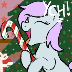 Size: 2100x2100 | Tagged: safe, artist:lannielona, pony, advertisement, candy, candy cane, christmas, christmas decoration, christmas tree, commission, decoration, eyes closed, food, happy, high res, holiday, indoors, licking, lights, present, ribbon, sketch, solo, tongue out, tree, wall, your character here