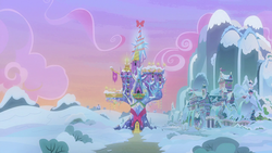 Size: 1280x720 | Tagged: safe, screencap, g4, my little pony best gift ever, bow, no pony, school of friendship, snow, twilight's castle, winter
