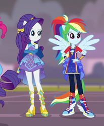 Size: 273x332 | Tagged: safe, screencap, rainbow dash, rarity, equestria girls, equestria girls series, forgotten friendship, g4, clothes, crossed arms, female, legs, ponied up, shoes, skirt, smiling, sneakers, super ponied up, wings