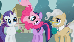 Size: 1280x720 | Tagged: safe, screencap, mayor mare, pinkie pie, rarity, twilight sparkle, earth pony, pony, unicorn, applebuck season, g4, :o, cute, diapinkes, female, grin, house, in which pinkie pie forgets how to gravity, mare, open mouth, pinkie being pinkie, pinkie physics, ponyville, raised hoof, smiling, squee, unicorn twilight, upside down, wat
