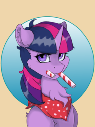 Size: 1200x1600 | Tagged: safe, artist:kittytitikitty, twilight sparkle, pony, g4, bandana, candy, candy cane, cheek fluff, chest fluff, ear fluff, female, food, looking at you, mare, mouth hold, solo