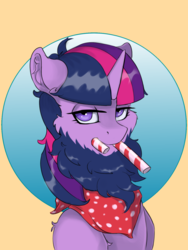 Size: 1200x1600 | Tagged: safe, artist:kittytitikitty, twilight sparkle, pony, g4, beard, candy, candy cane, facial hair, female, food, solo