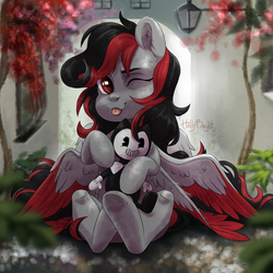 Size: 3000x3000 | Tagged: safe, artist:hollybright, oc, oc only, oc:emma, pegasus, pony, bendy, bendy and the ink machine, cute, female, high res, long hair, long mane, long tail, mare, one eye closed, plushie, red and black oc, red eyes, shading, sitting, solo, tongue out, toy, wings, wings down, wink