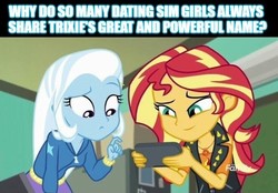 Size: 602x419 | Tagged: safe, edit, edited screencap, editor:leonidus, screencap, sunset shimmer, trixie, equestria girls, equestria girls series, forgotten friendship, g4, canterlot high, dating sim, dialogue, female, game, geode of empathy, lesbian, magical geodes, phone, pointing, ship:suntrix, shipping, smiling, smirk, text