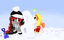 Size: 3000x1881 | Tagged: safe, artist:strimleе, oc, oc only, oc:emma, oc:etoz, pegasus, pony, unicorn, blushing, clothes, cute, female, food, friendship, green eyes, hat, jacket, magic, orange, red and black oc, red eyes, scarf, shovel, snow, snowball, winter