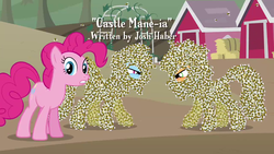 Size: 1280x720 | Tagged: safe, screencap, applejack, pinkie pie, rainbow dash, bee, earth pony, pegasus, pony, castle mane-ia, g4, competition, covered in bees, female, glare, josh haber, looking at each other, mare, text, title card